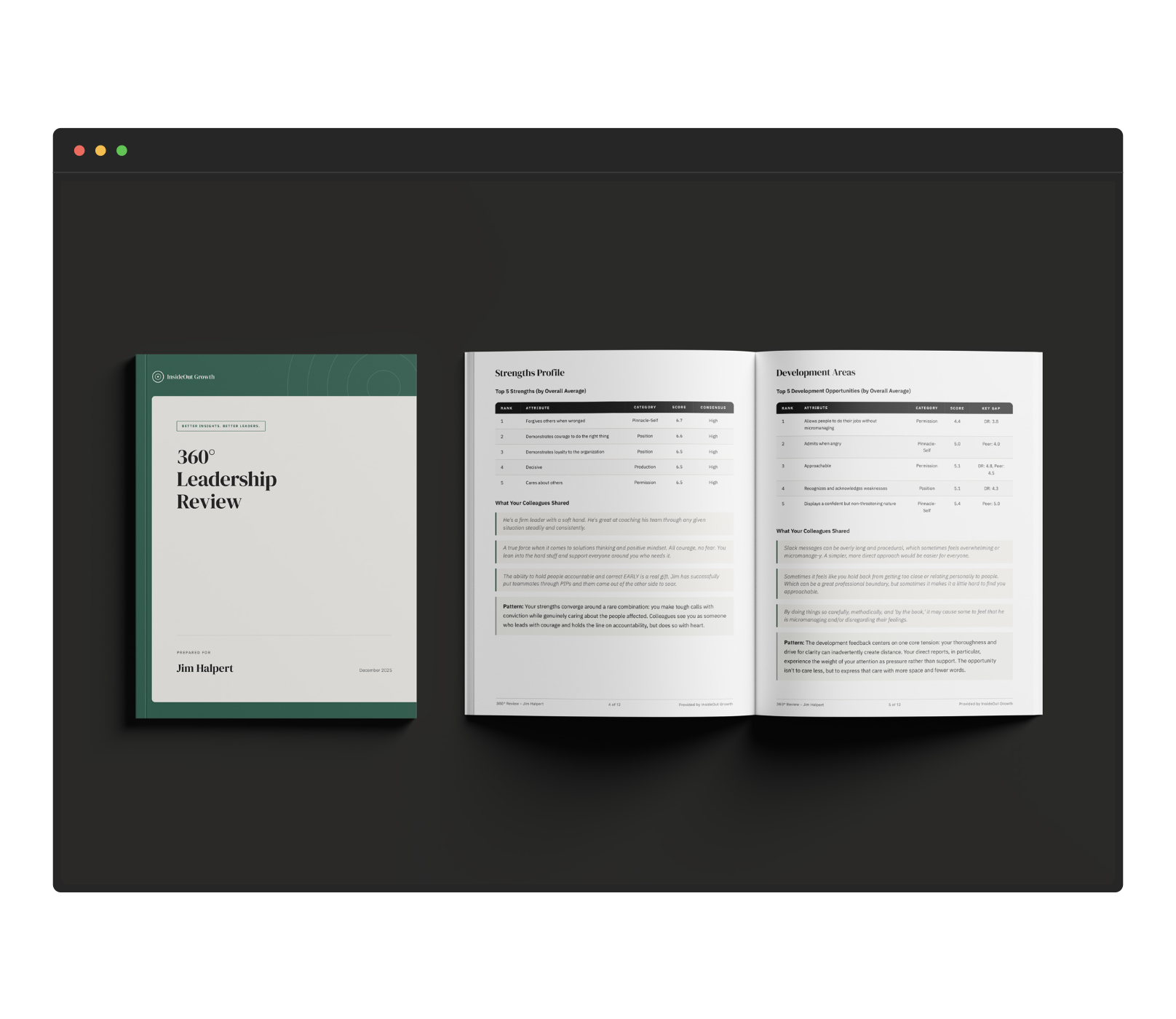 Sample reports showing Leadership Report and Coach Guide
